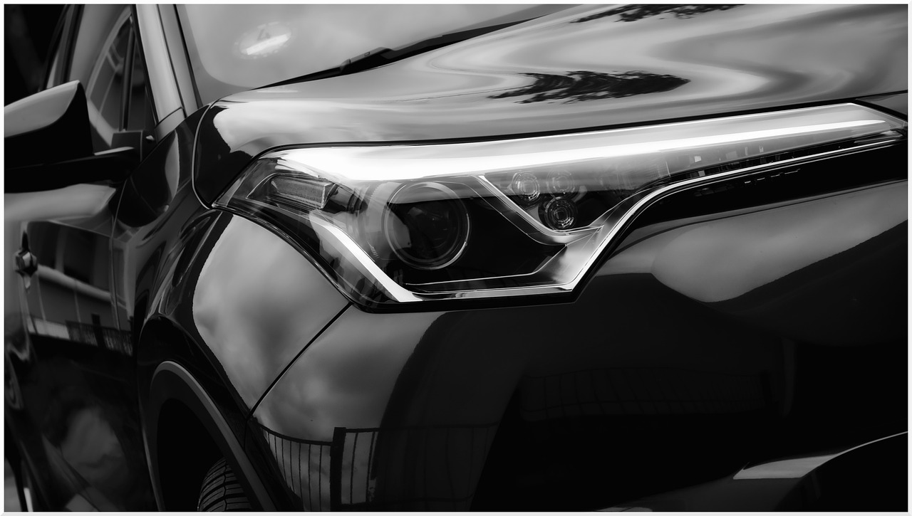 A close-up of a Toyota's headlights