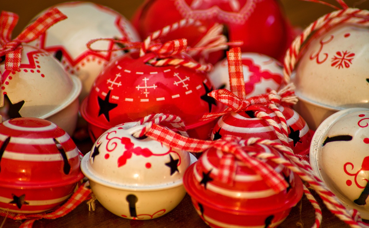 A pile of Christmas-colored jingle bells